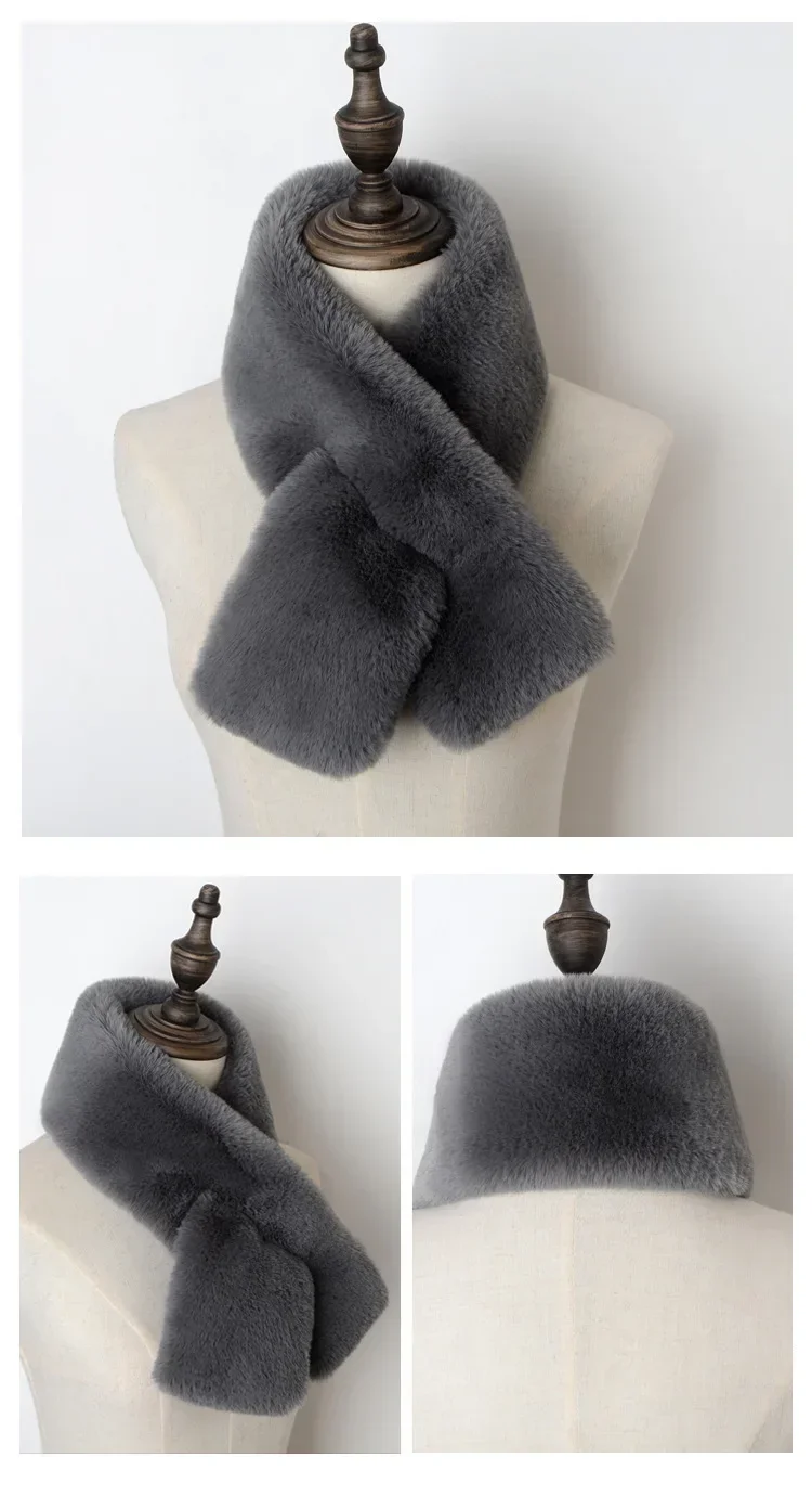 Luxury Winter Faux Rabbit Fur Women Scarf Soft Plush Snood Scarves Solid Color Neck Collar Warmer Cross Ring Christmas Gifts