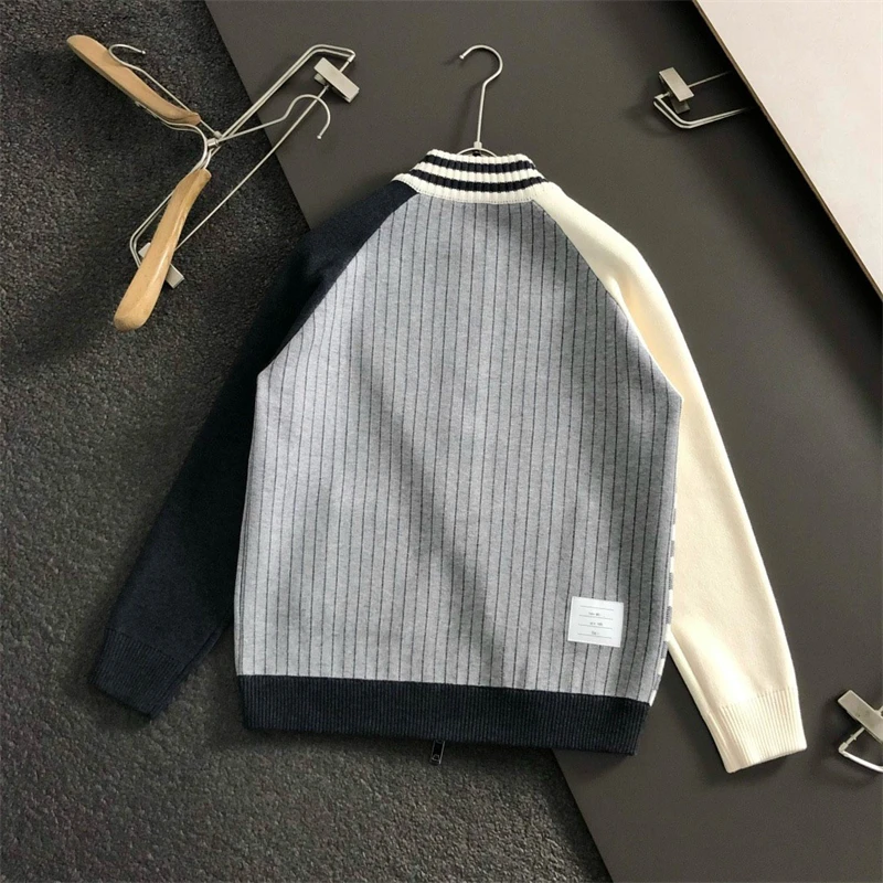 Trendy Brand Autumn Winter Plaid Color Blo Knitted Zipper Sweater Coat Men Women Casual Top Soft Cotton Blend Fabric