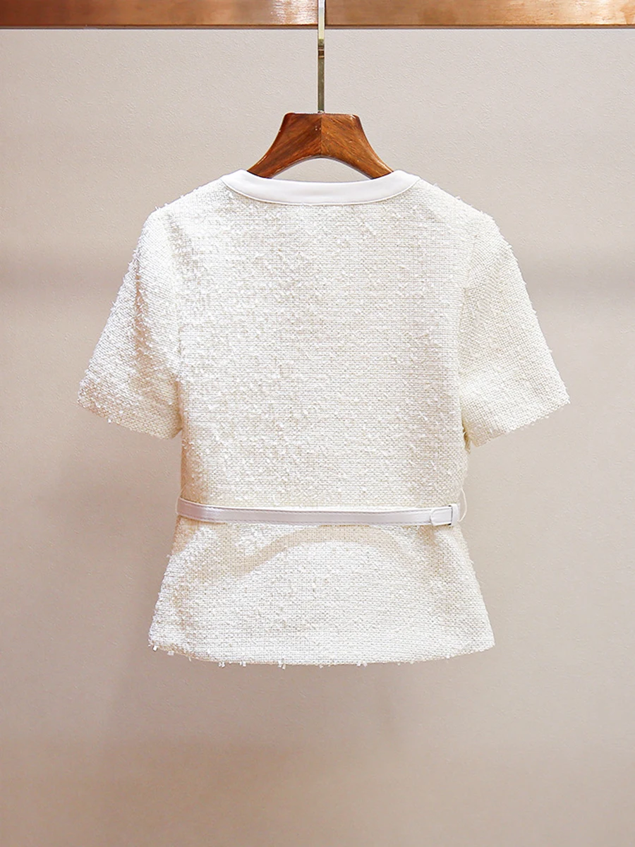 VGH French Elegant Spliced Bowknot Slimming Solid Jackets For Women Round Neck Short Sleeve Elegant Coat Female Fashion Style