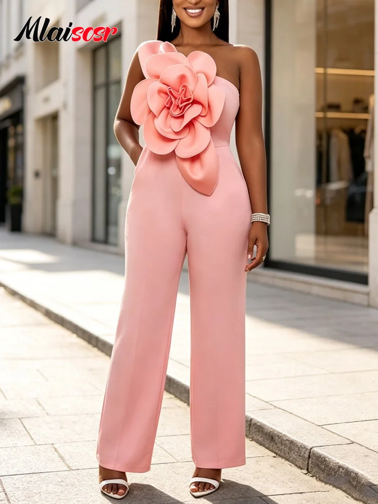 Mlaiscsr Women’s Pink 3D Flower Strapless Jumpsuit High Waist Wide Leg Pants One Pieces Rompers Elegant Party Night Out Outfit
