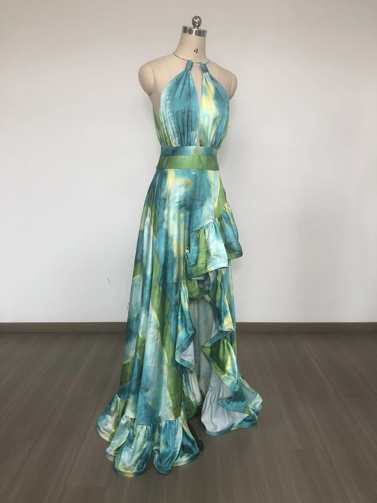 Vestido E de Camadas em Verde adiente com Decote Costas Nuas para Festa de Noite e Praia Moda Fena