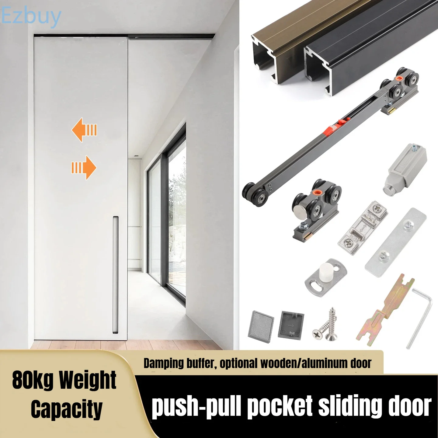Push-To-Open Pocket Door Hardware Bidirectional Soft-Close Concealed Track Overhead Sliding System For Wooden/Glass Doors