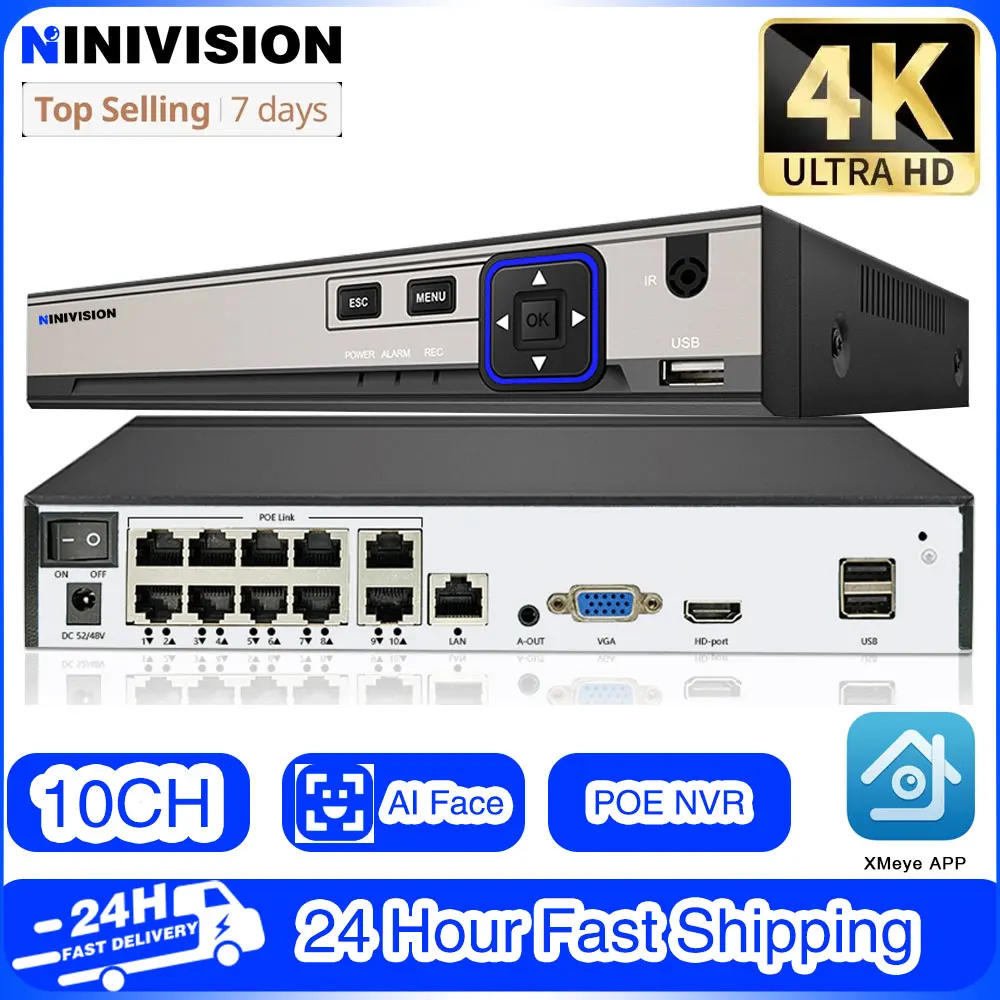 poe nvr para camera de vigilancia de seguranca ip sistema cctv 8mp 4k gravacao 24 gravador de video ai face detection h265 10ch 8ch 01