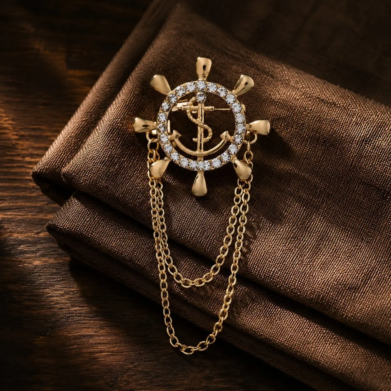 Business Style Ship Steer Double Layers Tassel Chain Brooches For Unisex Trendy Anchor Pins Meeting Event Accessory Gift Jewelry