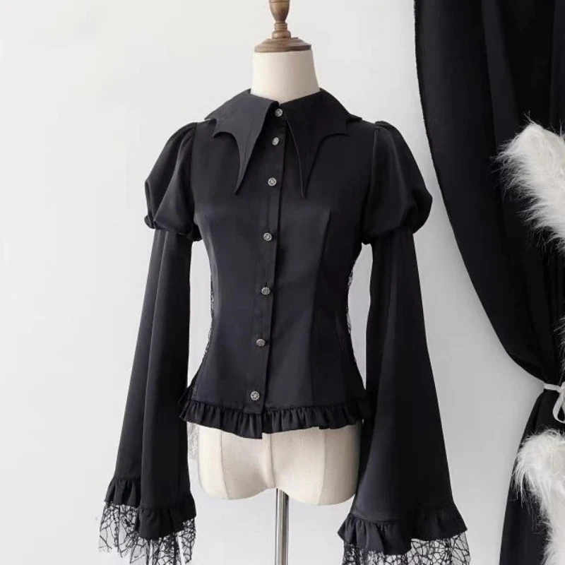 Women Casual Gothic Mesh Victorian Vintage Lolita Style Shirt Lantern Sleeve Slim Blouse Female Y2k Aesthetic Kawaii Tops Blusas