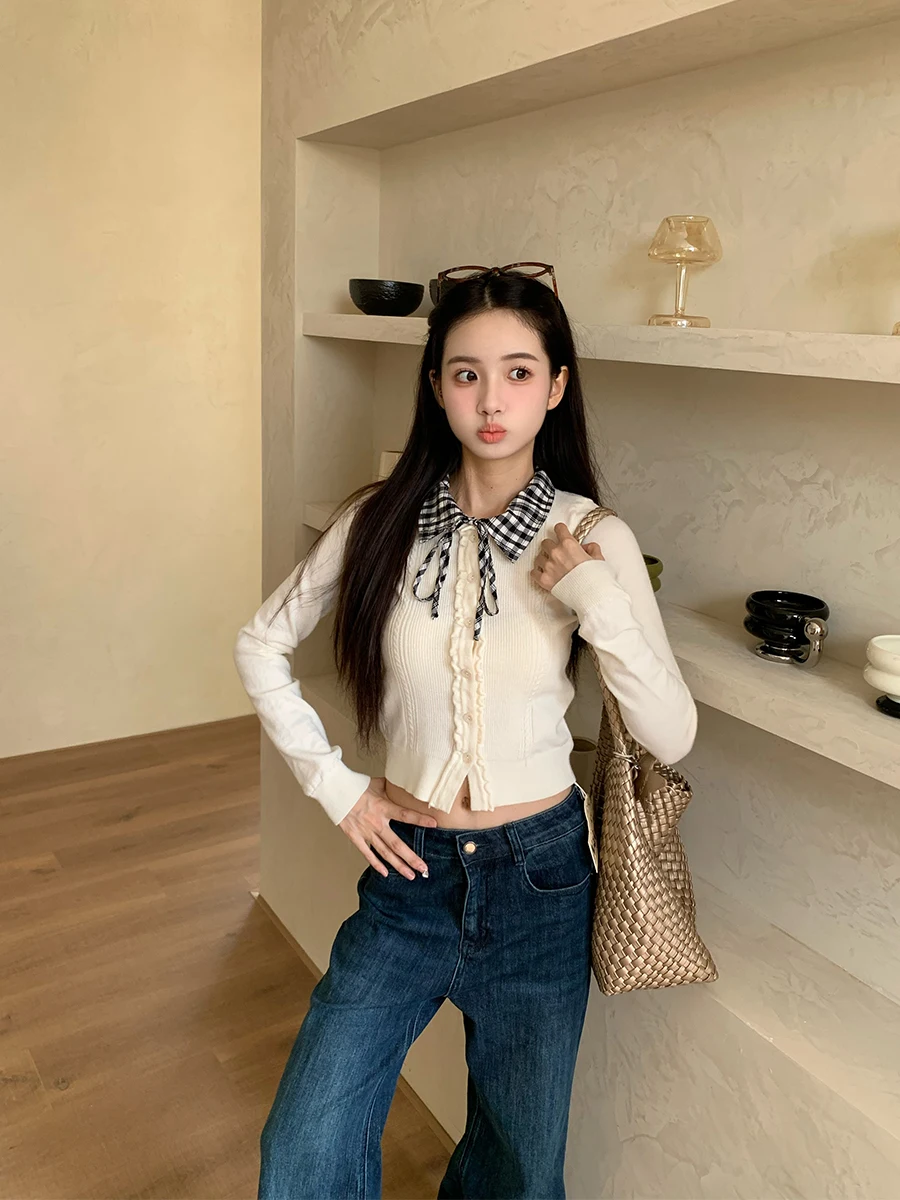 

Slim Fit ort Women's Knitwear Korean Sle Casual Faion Fake Two-Piece Orange Tree Where Are You Autumn Cardigan