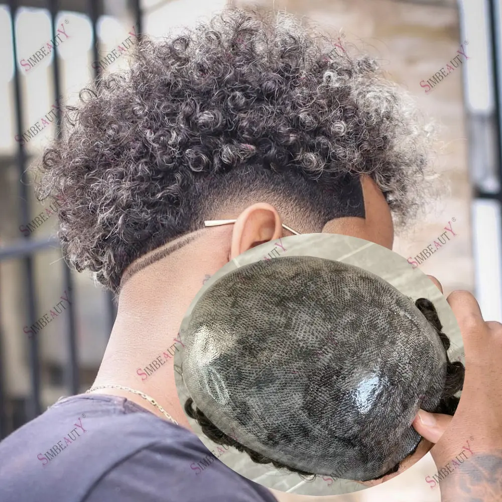 15mm Afro Curly 1B80 Grey Black Hair Natural Hairline Durable Full Skin Pu Toupee Human Hair for Men Capillary Prosthesis System