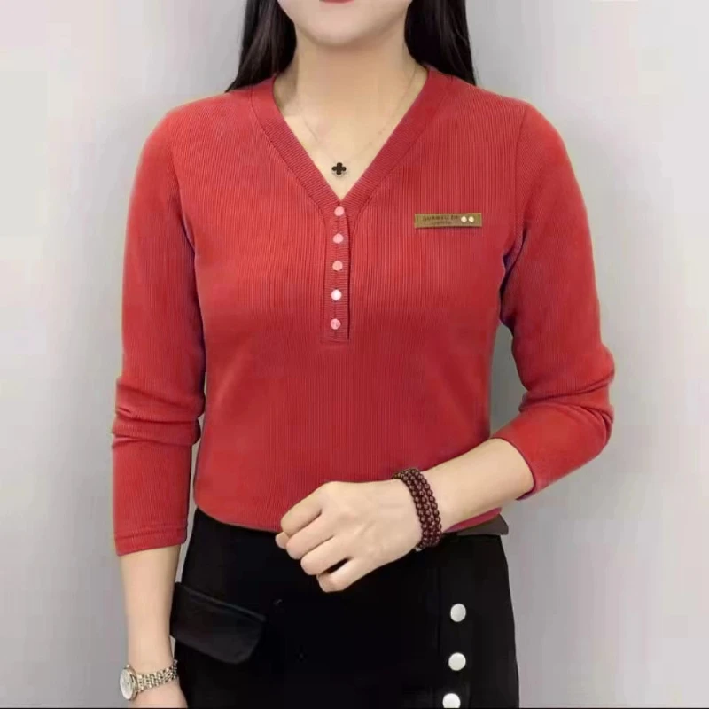 

Autumn Winter New Long Sleeve Velvet V-neck Plus Size Vintage Tops Loose Solid Casual T Shirts Fashion Harajuku Women Clothing
