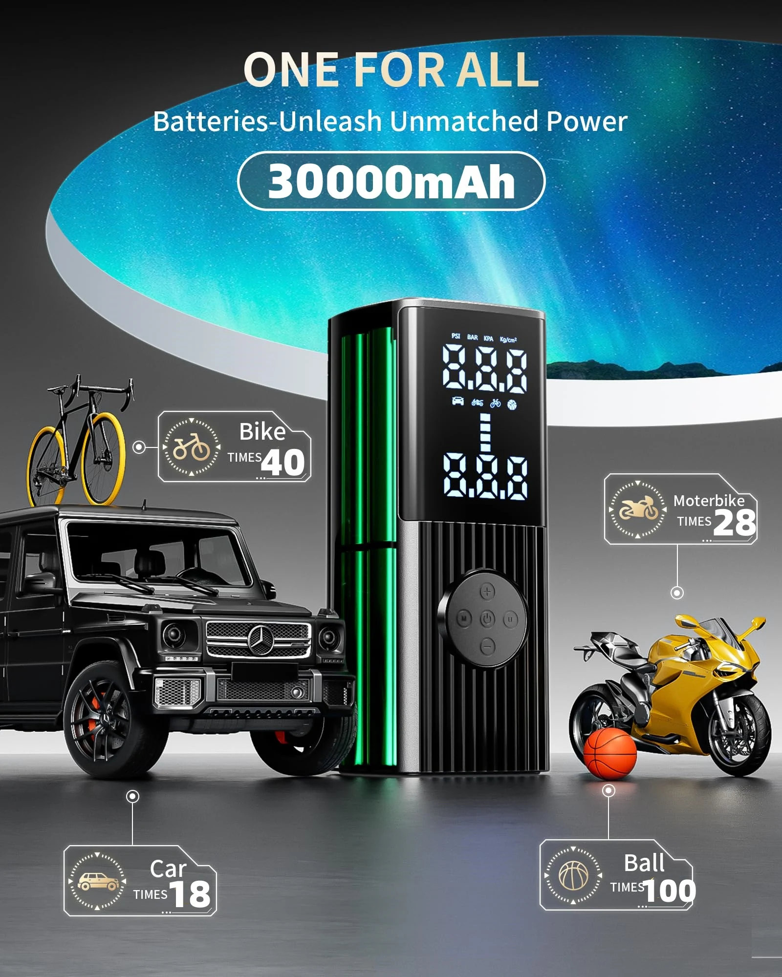 30000mAh Battery Car tire inflator,60L/min Bicycle air injector,portable digital compressor,motorcycle compressor,Electric infla