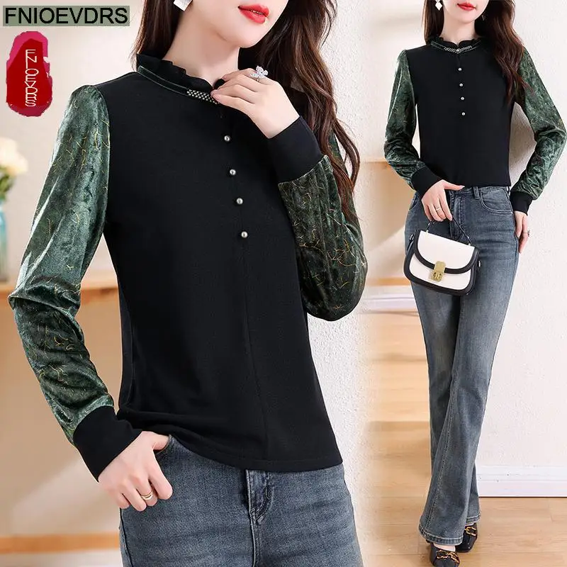 Camisas de oficina ropa básica nuevo diseño mujeres 2024 Otoño Invierno Patchwork verde manga larga Retro negro terciopelo Tops blusas