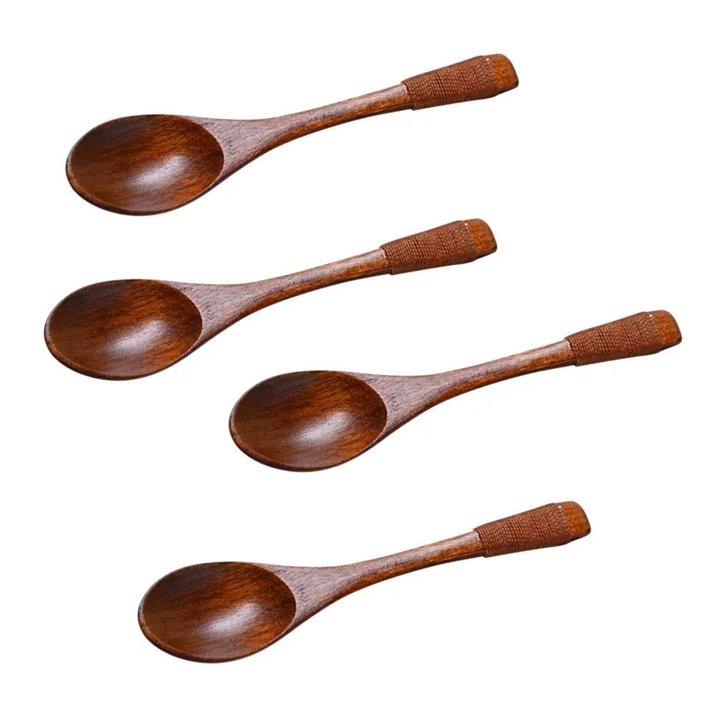 

4Pcs Wooden Baby Spoons Set Smooth Natural Wood Non Scratch for Enamel Pots Cooking Serving Eating Comfort Grip Tied Line Handle