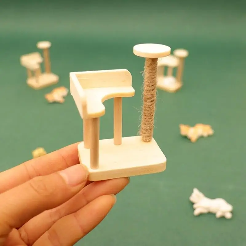 Conjunto figuras gatos miniatura escala 1/12, incluindo árvore escalada e tigelas comida, estatueta para