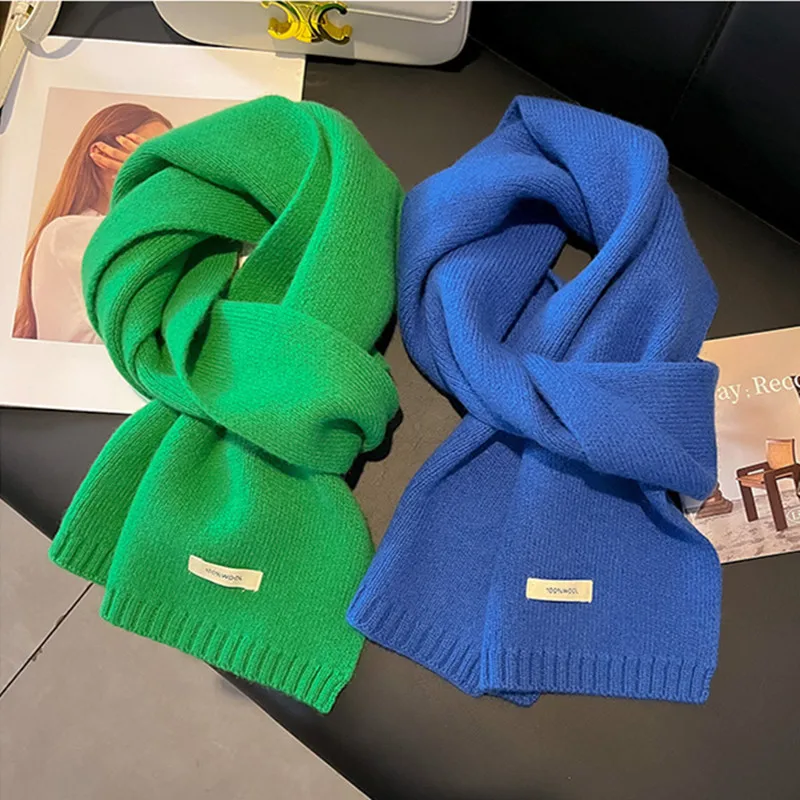 Knitted Scarf Women 100% Wool Winter Warm Scarves Bright Solid Color Design Thickened Shawl Soft Cashmere Pashmina Neck 2023 NEW