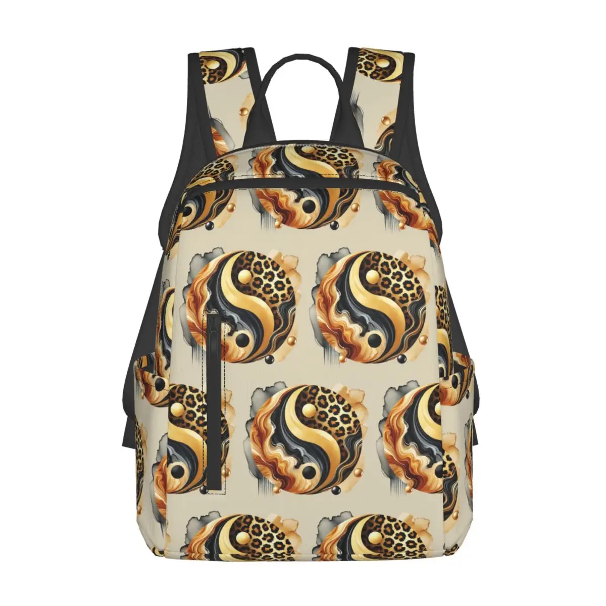 ヒョウ陰陽高級ゴールド大理石バランスデザインバックパックデイパック男の子女の子ブックバッグスクールバッグショルダーバッグ男性女性用
