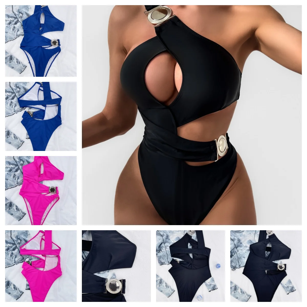 

Europe and the United States New Solid Color Bikini Metal Round Button Sexy Swimsuit Fashion Summer Beach Bikini