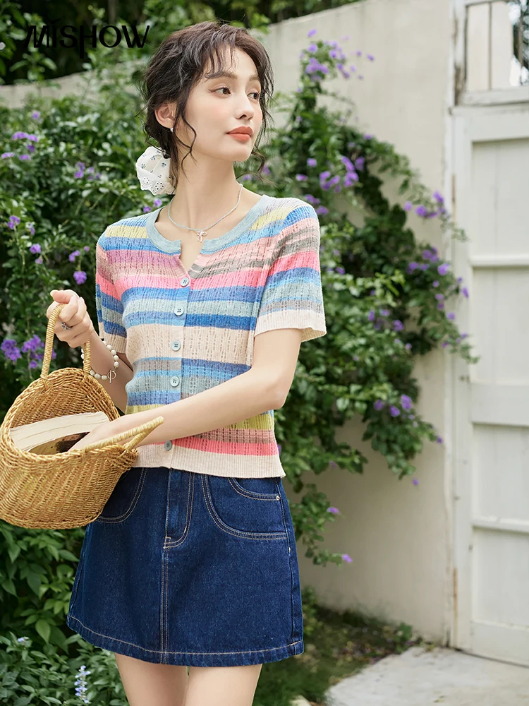 MISHOW Rainbow Striped Short Sleeve Knitted Sweater for Women Summer 2024 O Neck Single Breasted Dopamine Thin Tops MXD26Z0649