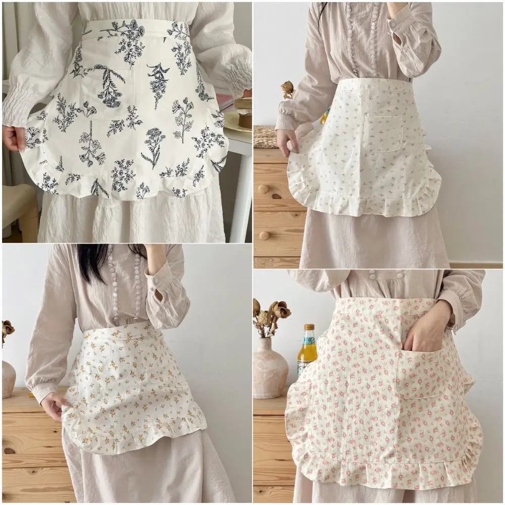 Korean Style Floral Lace Apron Floral Pattern Cotton Material Work Apron with Pocket Anti Fouling Apron Spring Summer