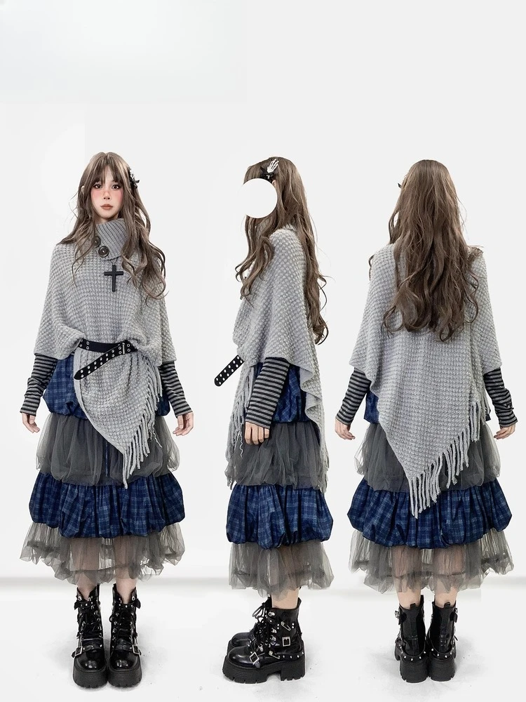 Subkultur Y2k High Neck Frauen Vintage Casual Grau Gestrickte Pullover Schal Unregelmäßige Lose Pullover Japan Stil Mode Winter Neue