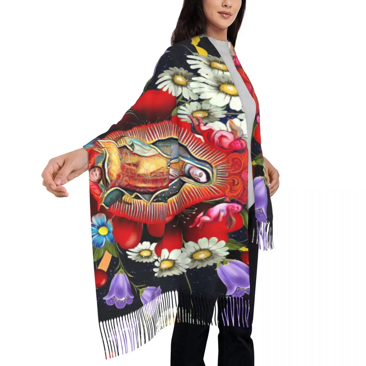 Printed Our Lady Of Guadalupe Scarf Men Women Winter Fall Warm Scarves Mexican Virgin Mary Mexico Flowers Tilma Shawls Wraps