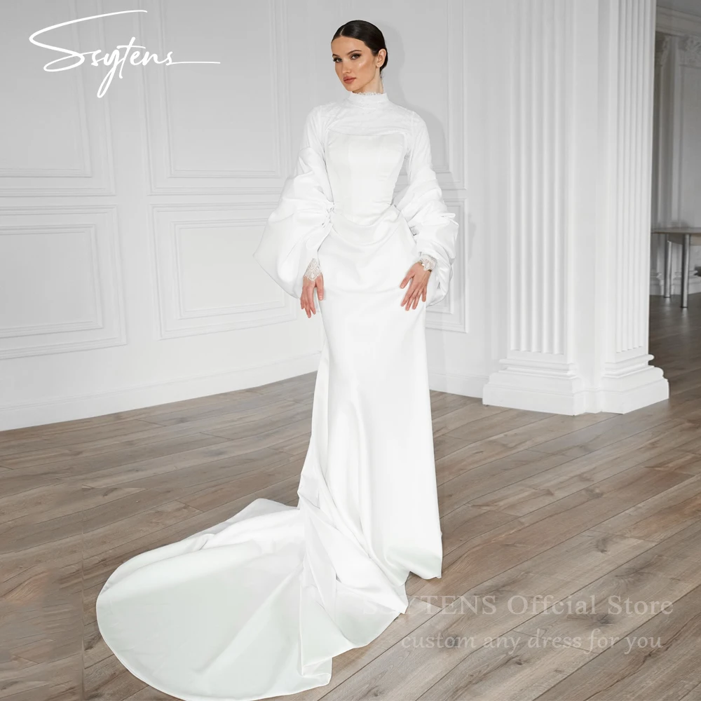 

SSYTENS Customized Modest Wedding Dress High Neck Full Sleeves Long Train Satin Women Mermaid Bridal Gown Vestido De Novia 2026