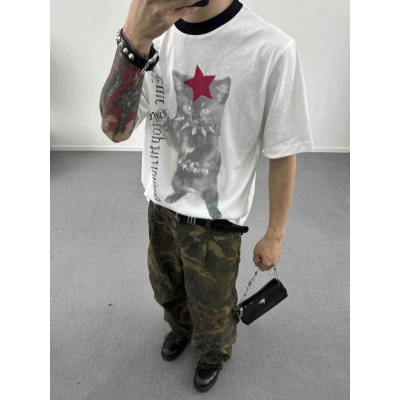 

Мужская одежда EME, футболка с длинными рукавами и принтом кота в американском стиле ретро, летняя свободная универсальная повседневная базовая рубашка унисекс