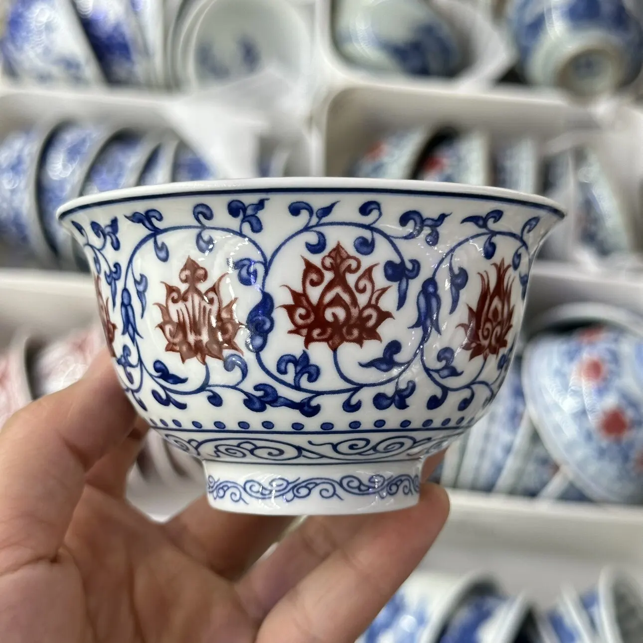 New Cup Single Cup Jingdezhen Antique Yongle Interlock Branch Pressure Bottle Blue and White Glazed Red Porcelain Tea Cup