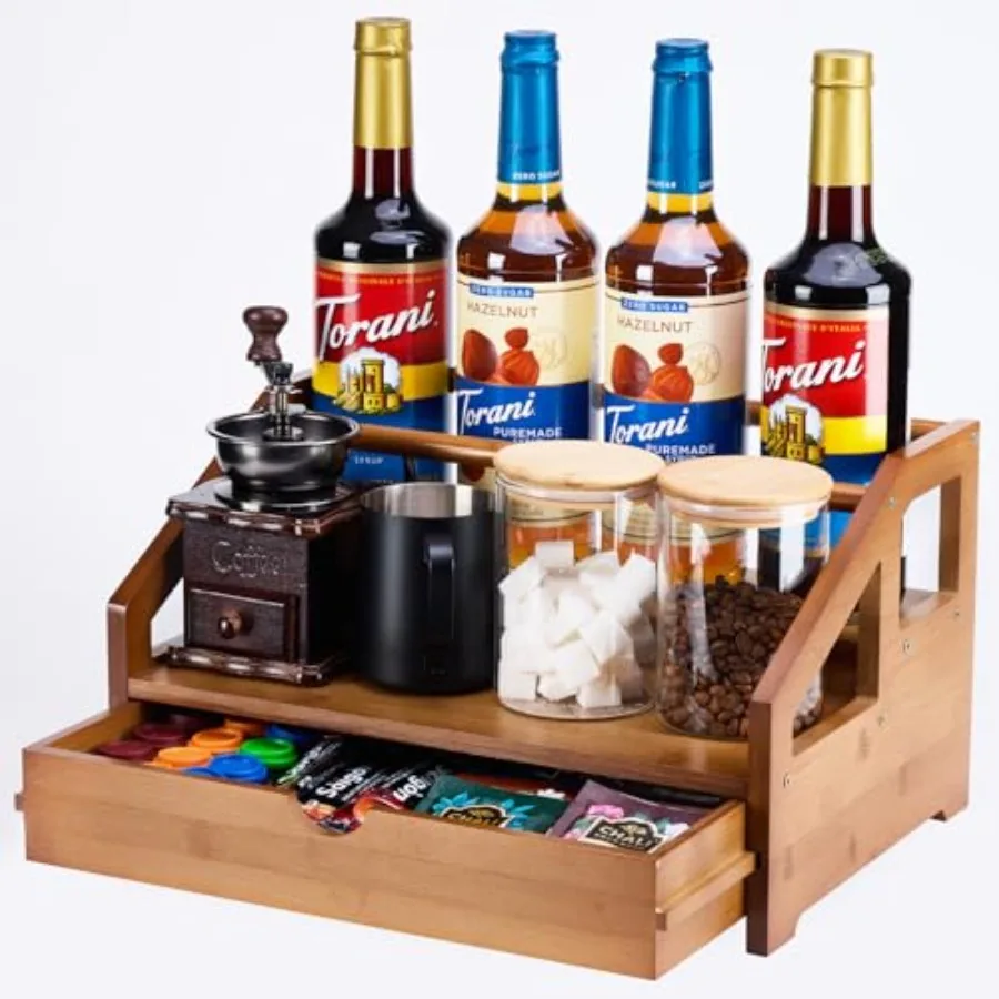 

Бамбуковая подставка-органайзер для кофейных сиропов, 3-ярусная, с отсеком для хранения чашек, для кофейных баров, держатель для бутылок с сиропом