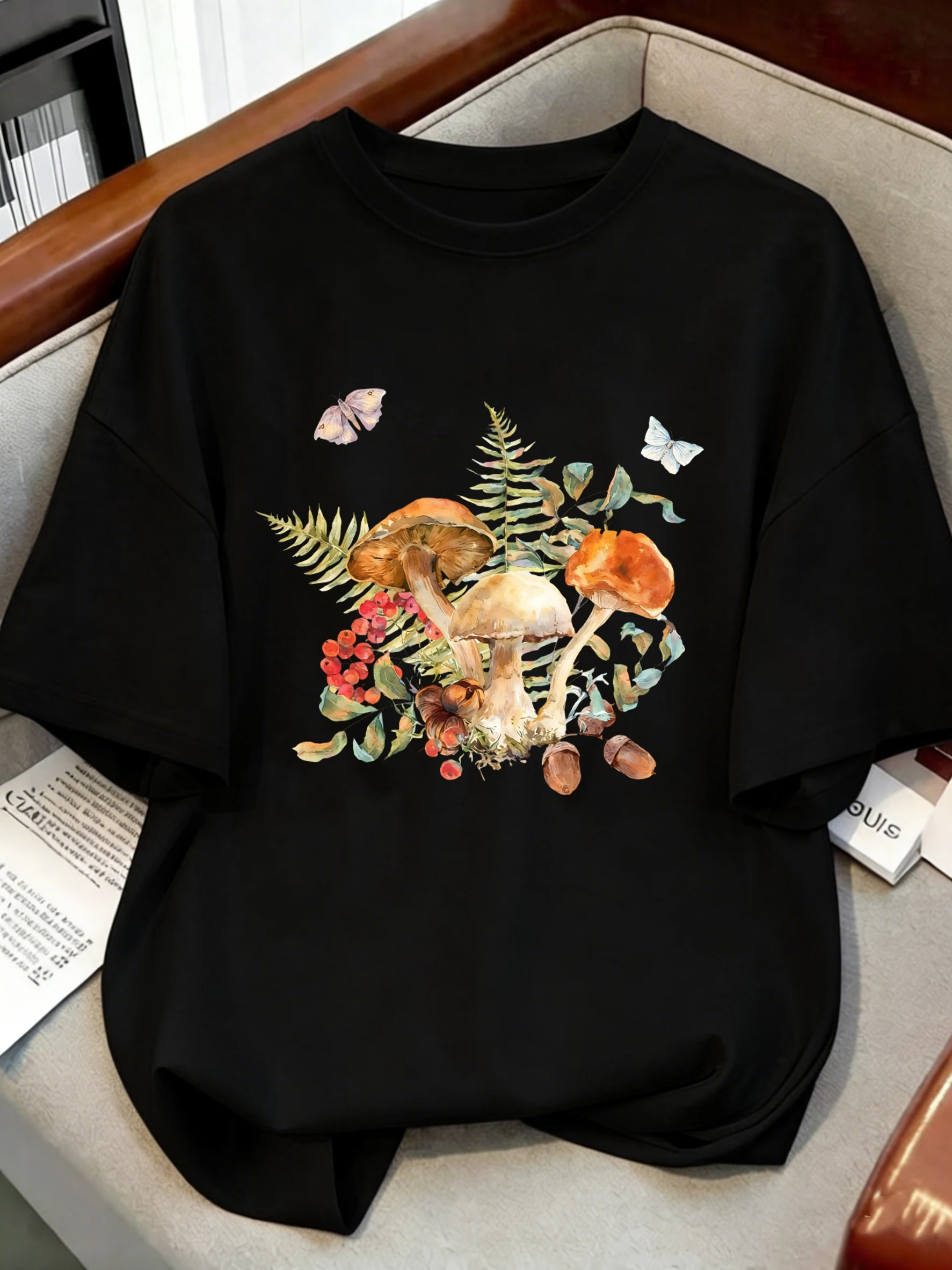 Acorn Butterfly Mushrooms Prints Cotton T-Shirts Women Summer Short Sleeve T Shirts O-Neck Soft Oversized Tops Basic Clothes
