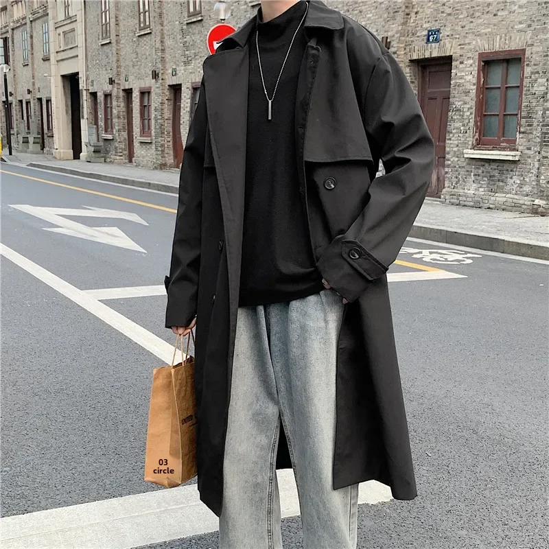 Spring Autumn Men's Loose-fit Trench Coat Hong Kong Style Double-breasted Medium-length Jacket Casual Scene Manteau Overcoat