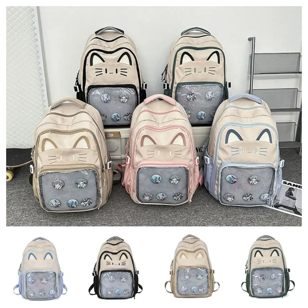 

Versatile Embroidery Cartoon Ita Bag Large Capacity Cute Transparent Pocket Itabag Preppy Style Cat Student School Bag Woman