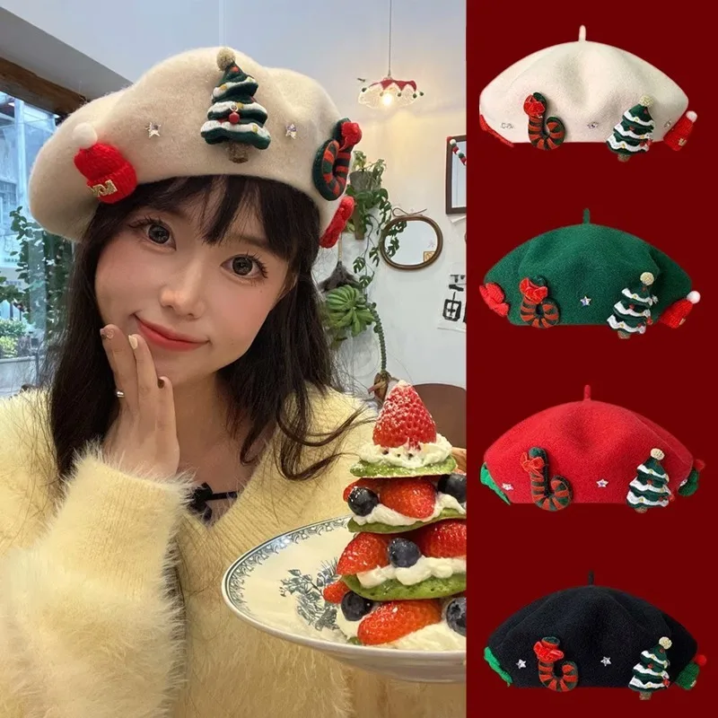 

New Autumn and Winter Children's Christmas Wool Parent-child Beret Sweet Red Painter Hat for Women in Winter