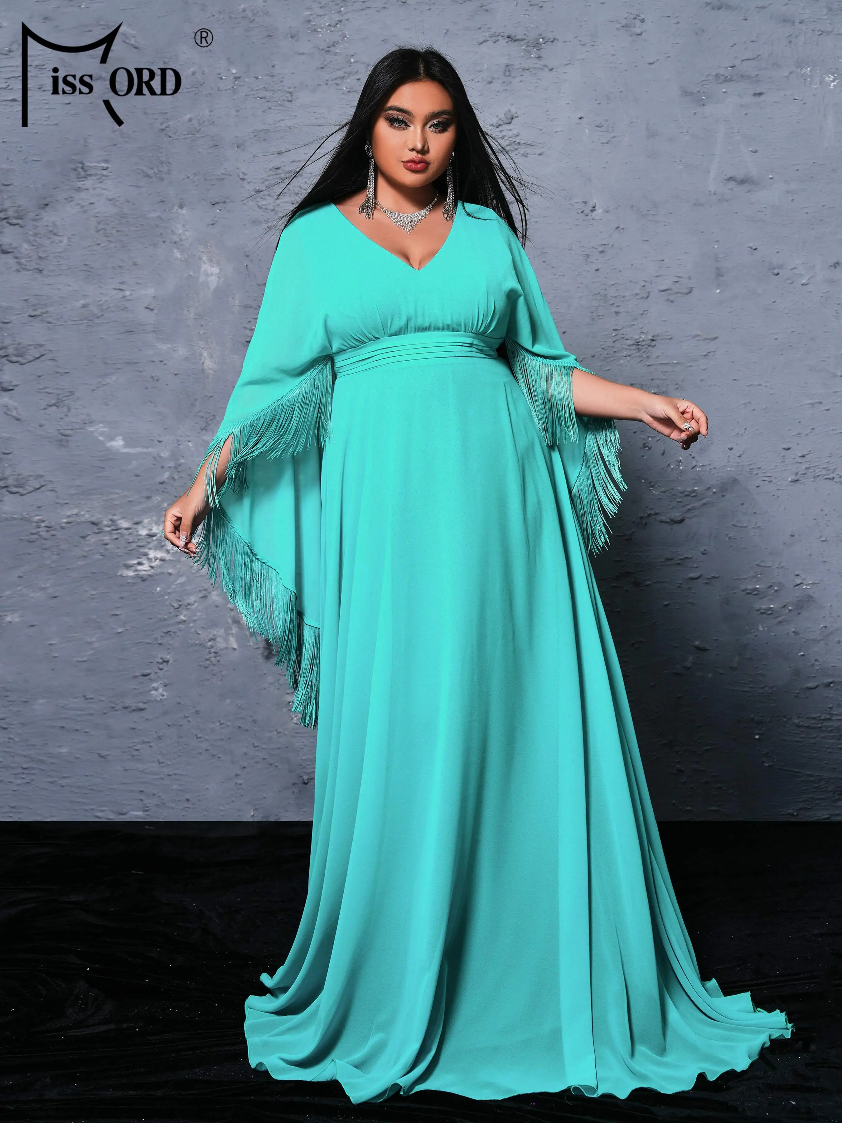 Missord Plus Size Prom Dress V Neck Bat Sleeve A Line Evening Green Floor Length Church Dress