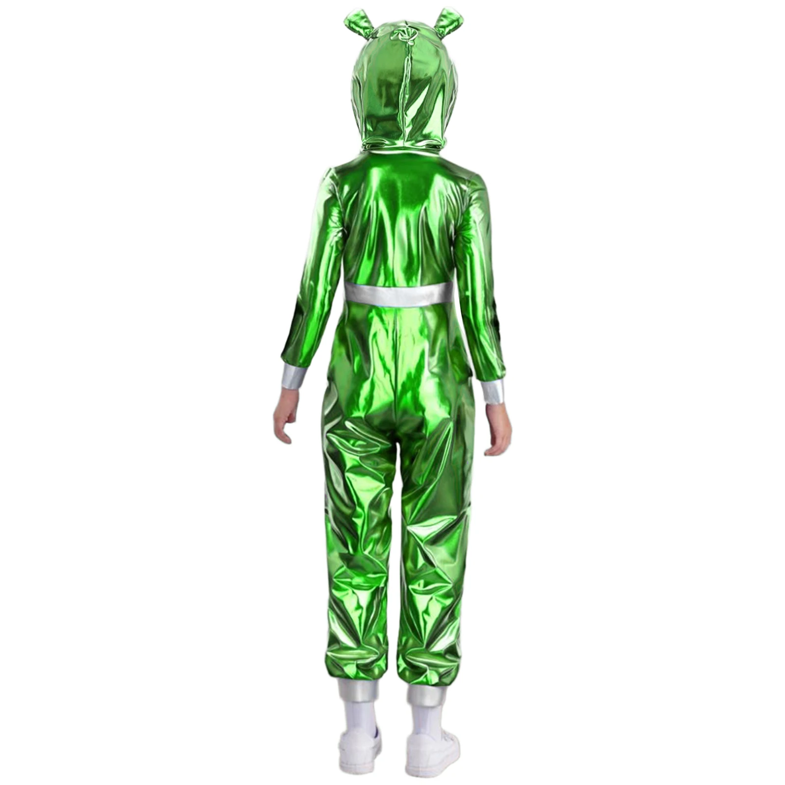 Girls Halloween Astronaut Alien Cosplay Costume Long Sleeves High Waist Shiny Metallic Zipper Jumpsuit Athletic Bodysuit Rompers