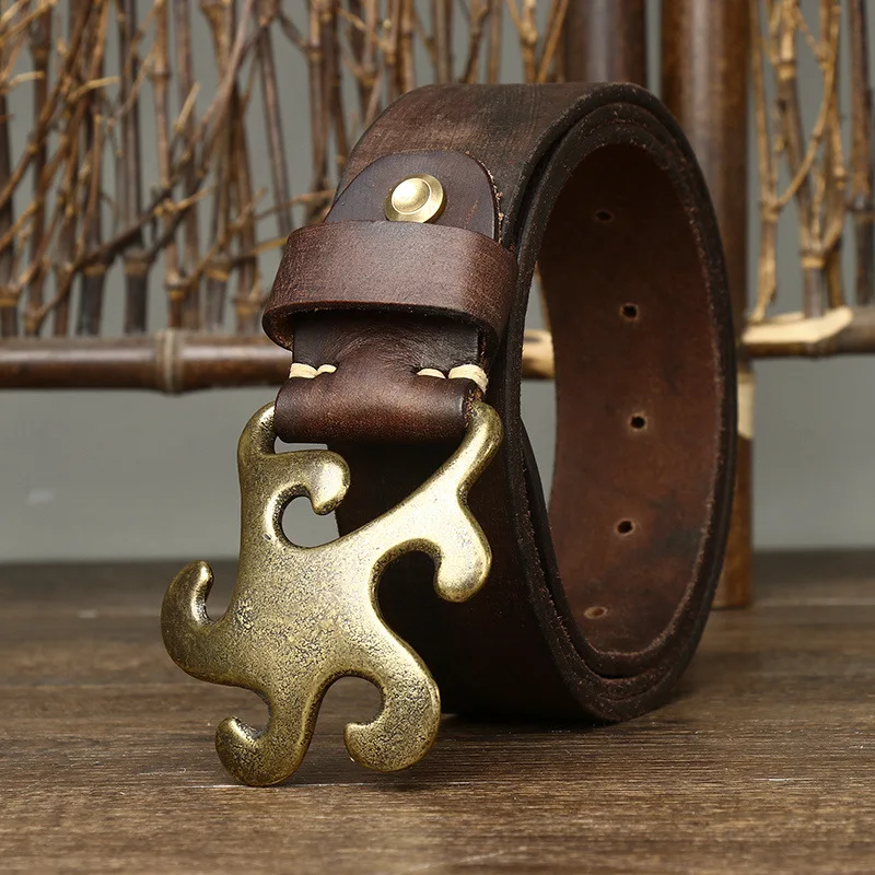 

Men's washed retro distressed genuine leather belt with smooth buckle, fashionable top layer cowhide jeans belt
