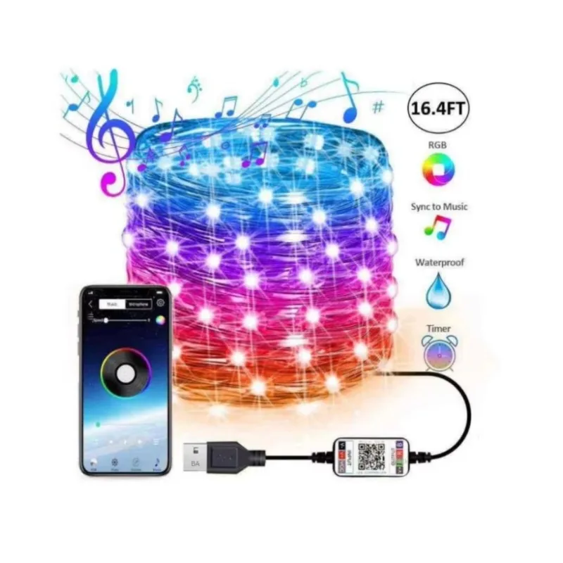 Remote Control Rgb Outdoor Garden Room Party Decoration Usb Christmas App Controlled Music Led Copper Wire String Lights