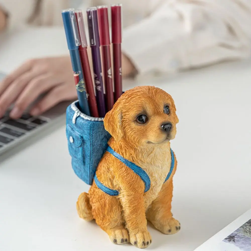 

Ornament Large Capacity Golden Retriever Pen Holder Animal Set Firmly Makeup Brush Holder Resin Cute Pen Container Student