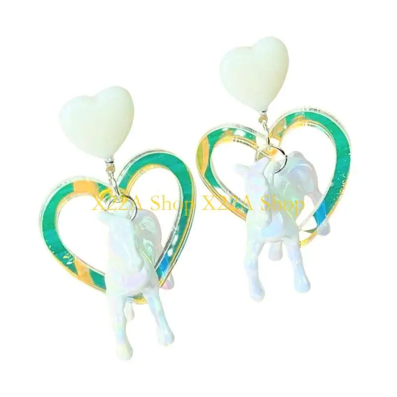 Unique Eye Catching Heart Horse Drop Earrings Stylish Acrylic Heart Horse Earrings for Women Party Dangle Ear Studs Accessory