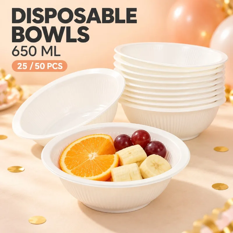 Disposable Plastic Bowls 25/50PCS 650ML White Striped Serving Bowls for Birthday Parties Christmas Celebrations Gatherings
