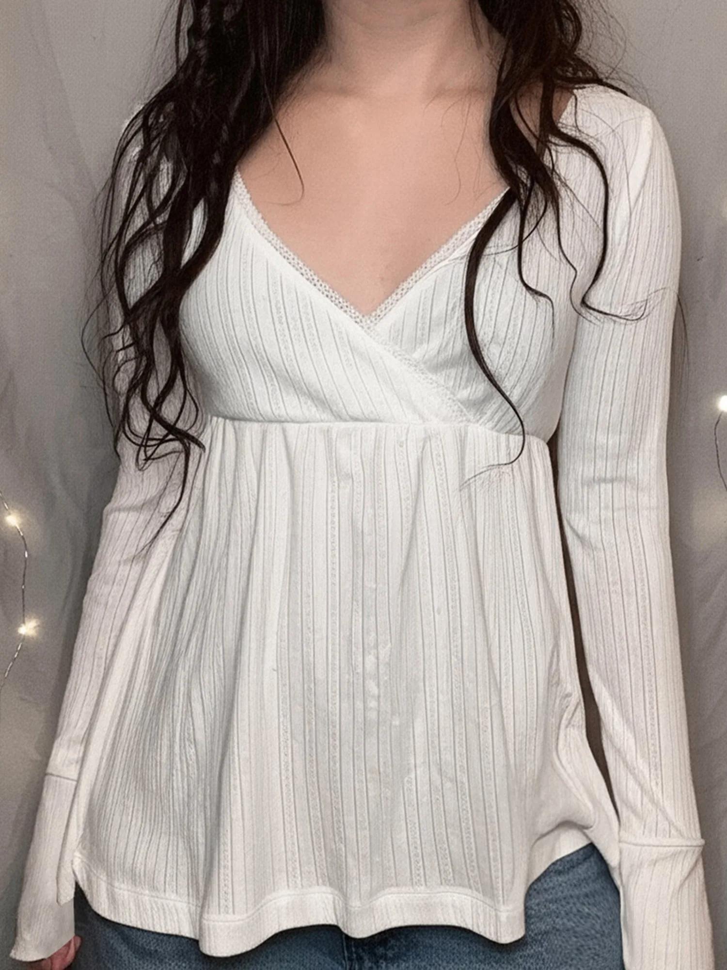 Chemisier à manches longues pour femmes, élégant, couleur unie, col en v, haut portefeuille avec bordure en dentelle, pour un usage décontracté élégant, automne