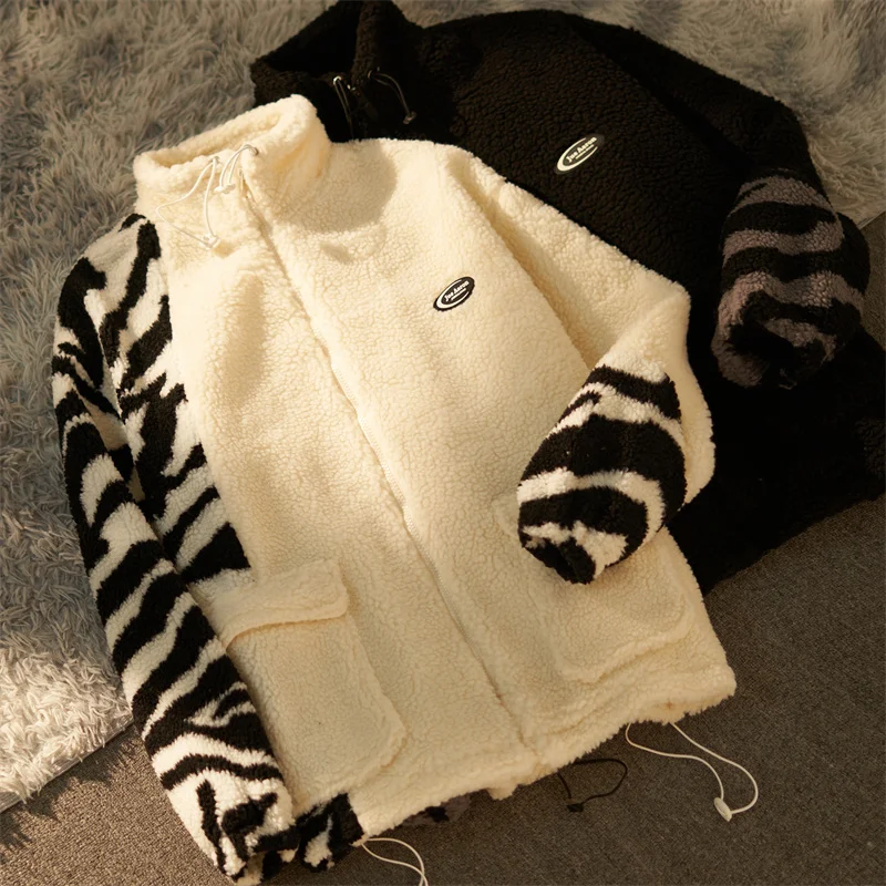

JueAaron American Sle Couple's Zebra Pattern Jaet Cotton Coat Men's Women's Warm Outerwear Top Youth Casual Loose Fit