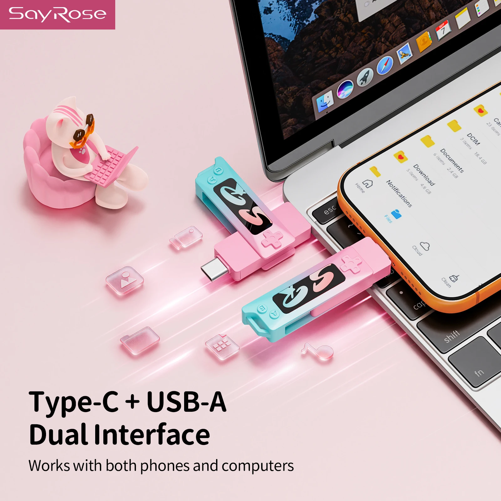 SayRose UB05 Gradient Color Portable USB Flash Drive Type C USB A 2 in 1 Memory Stick High Read Speed External Storage For IPhone Desktop Laptop Desk Decor
