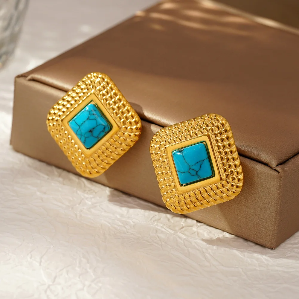 Stainless Steel Gold Plated Women Blue Stone Geometric Stud Earrings Jewelry Gift