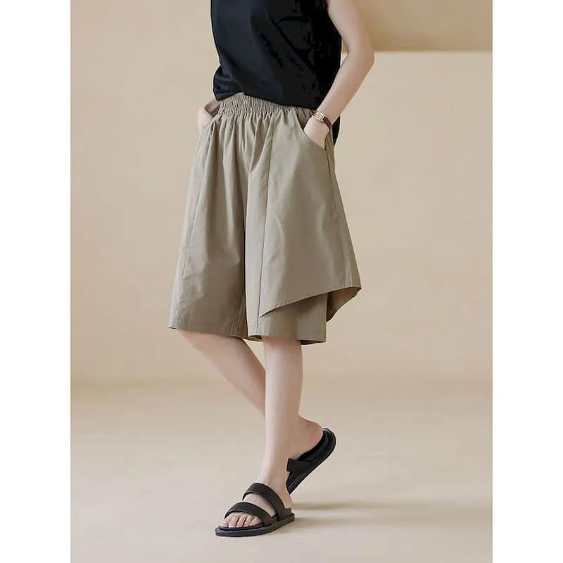 

Cotton Straight Pants Shorts Women New Summer Large Size Elastic Waist Casual Trousers Women Vintage Loose Solid Wide Leg Shorts