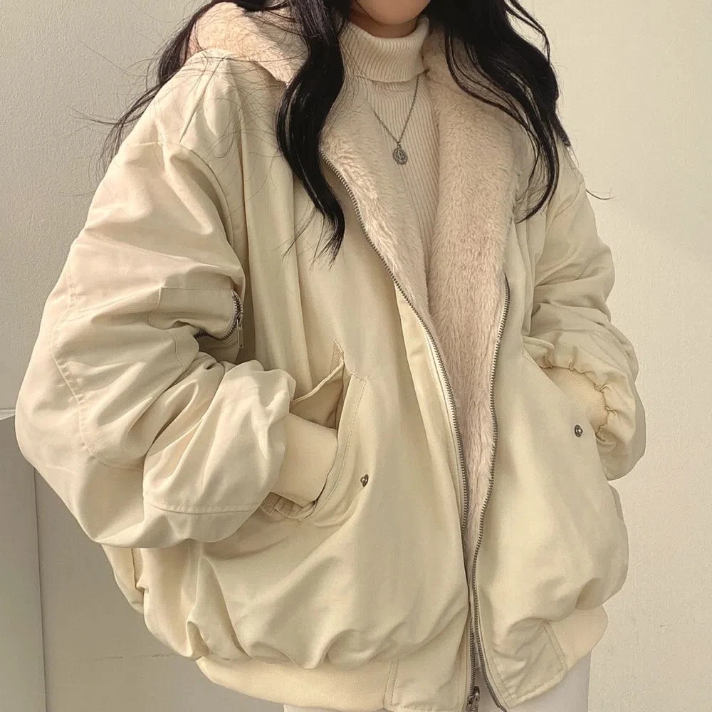 Casual Solid Warm Chic Hooded Coats Women Korean Harajuku Reversible Lambs Wool Parkas Streetwear Y2k Tech Winter Heavy Jackets