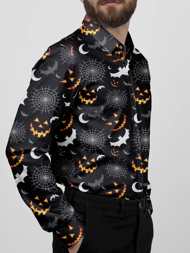 Spring And Autumn Outdoor Halloween Shirt For Men Casual Ghost Pumpkin Printed Lapel Button Long Sleeve Fashion Pattern Clothing