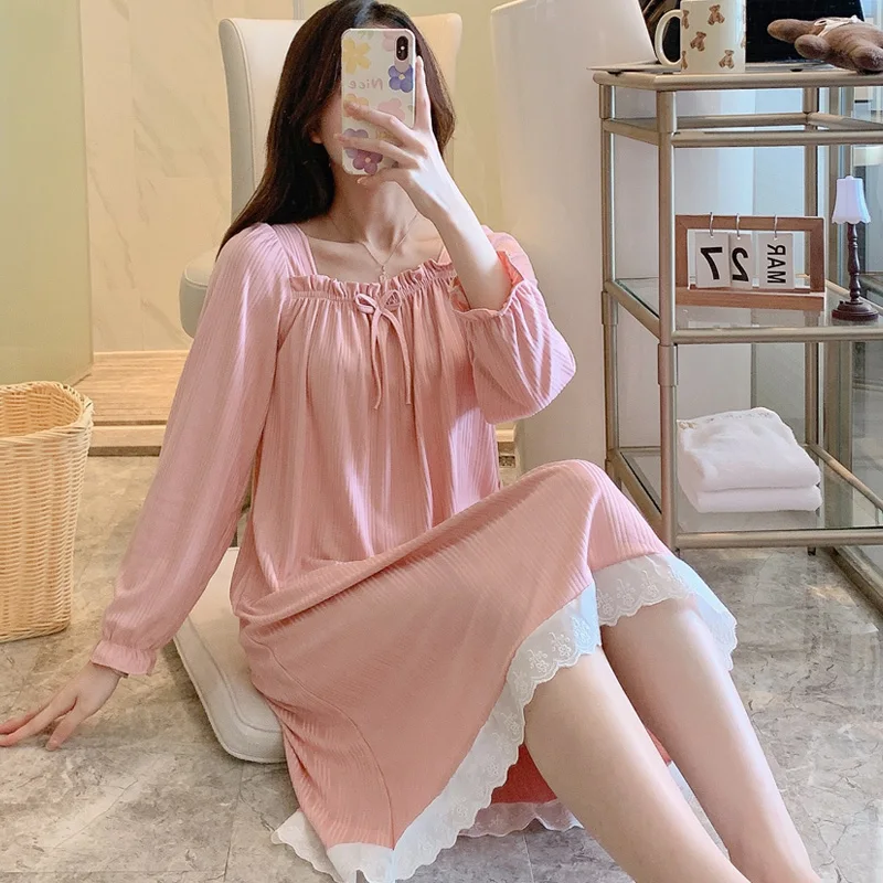 Princess Style Long Sleeve One Shoulder Sleepwear Women's Home Clothes Pure Color Sweet Home Suit Youth Autumn Sleep Dress