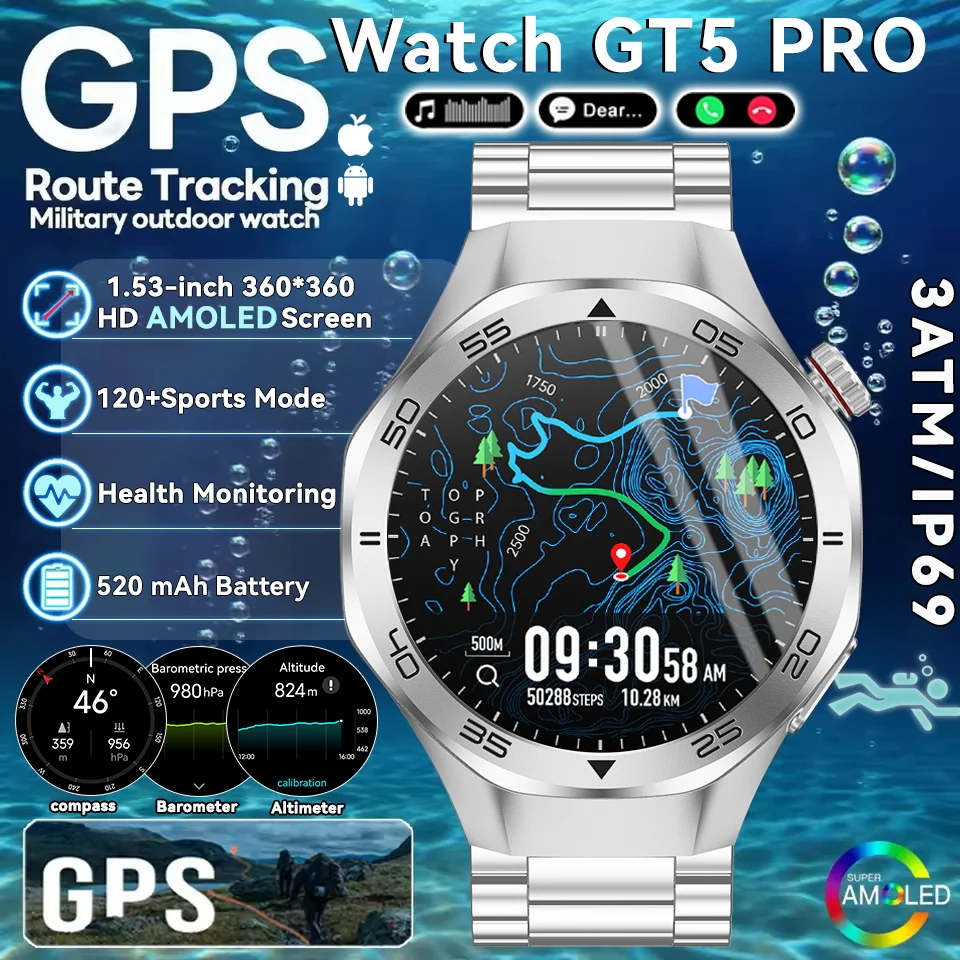 

2025Новые часы GT5pro, водонепроницаемые умные часы для мужчин, AMOLED-экран, GPS-трек, мониторинг здоровья, Bluetooth-вызов, бизнес-браслет