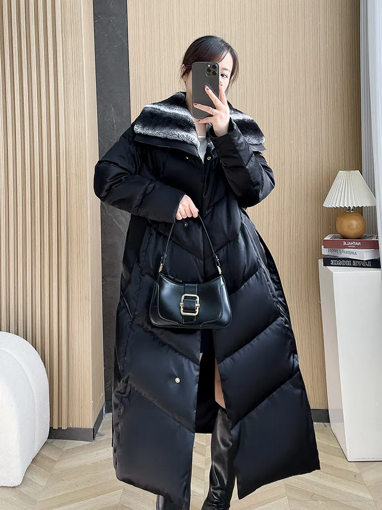 Women's Black Rabbit Fur Big Lapel Collar Down Jacket Winter New Waist Cincined Slim Fit Fashionable Elegant Warm Long Coat