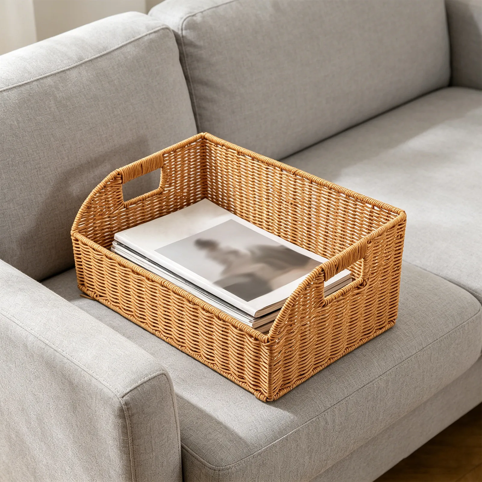 

Decorative Magazine Storage Basket Imitation Rattan Woven Rectangle Design Easy Access Slant Opening for Tabletop Shelf Office