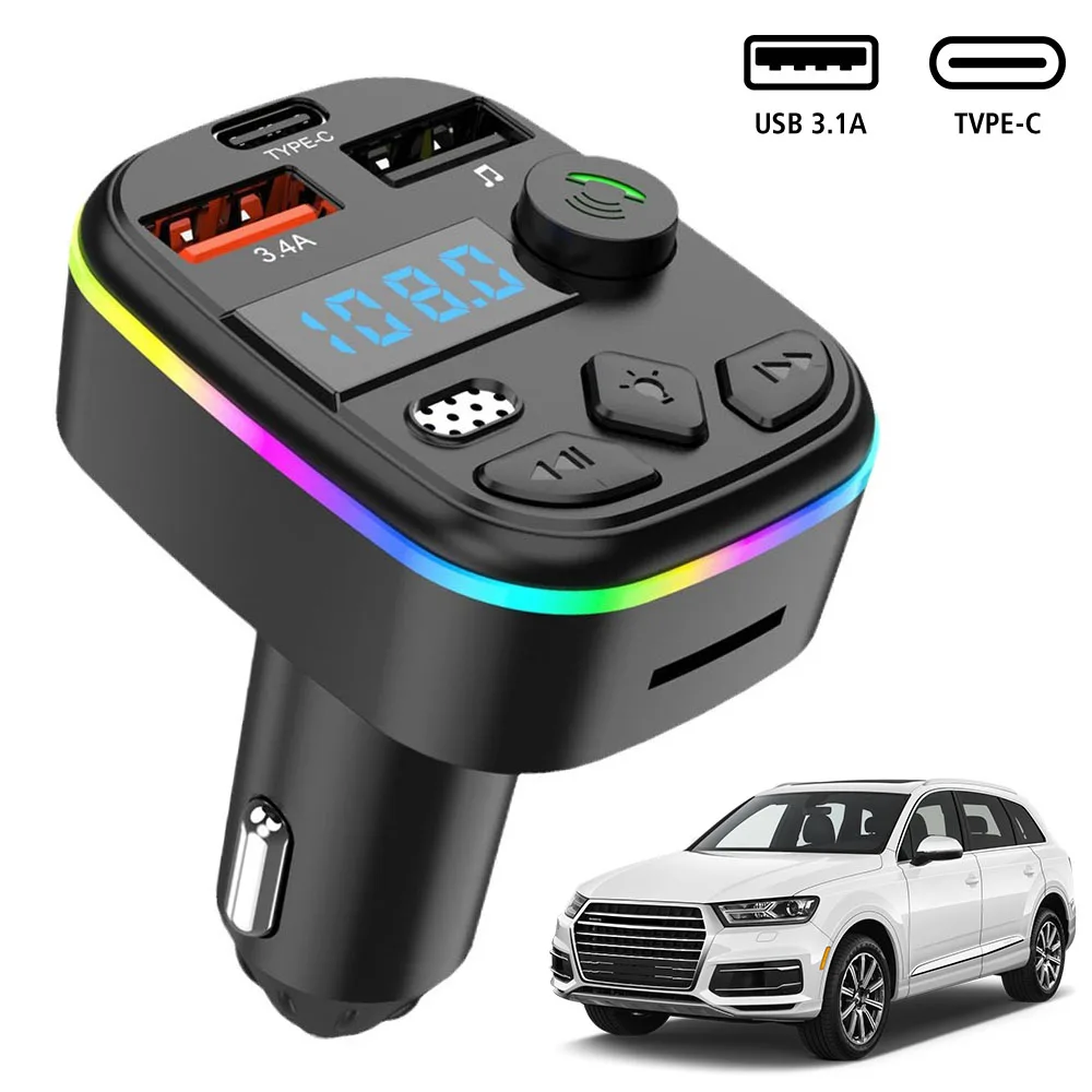 Car Tool MP3 Charger Bluetooth Type-C Wireless Light PD Type-C Dual USB Ambient Player 5.0 Car FM Transmitter Handsfree PD QC3.0